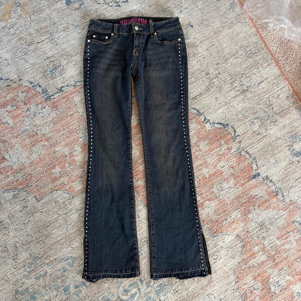 Younique Womens Y2K Low Rise Flare Jeans Rhinestone Dark Wash Size 5 Bootcut